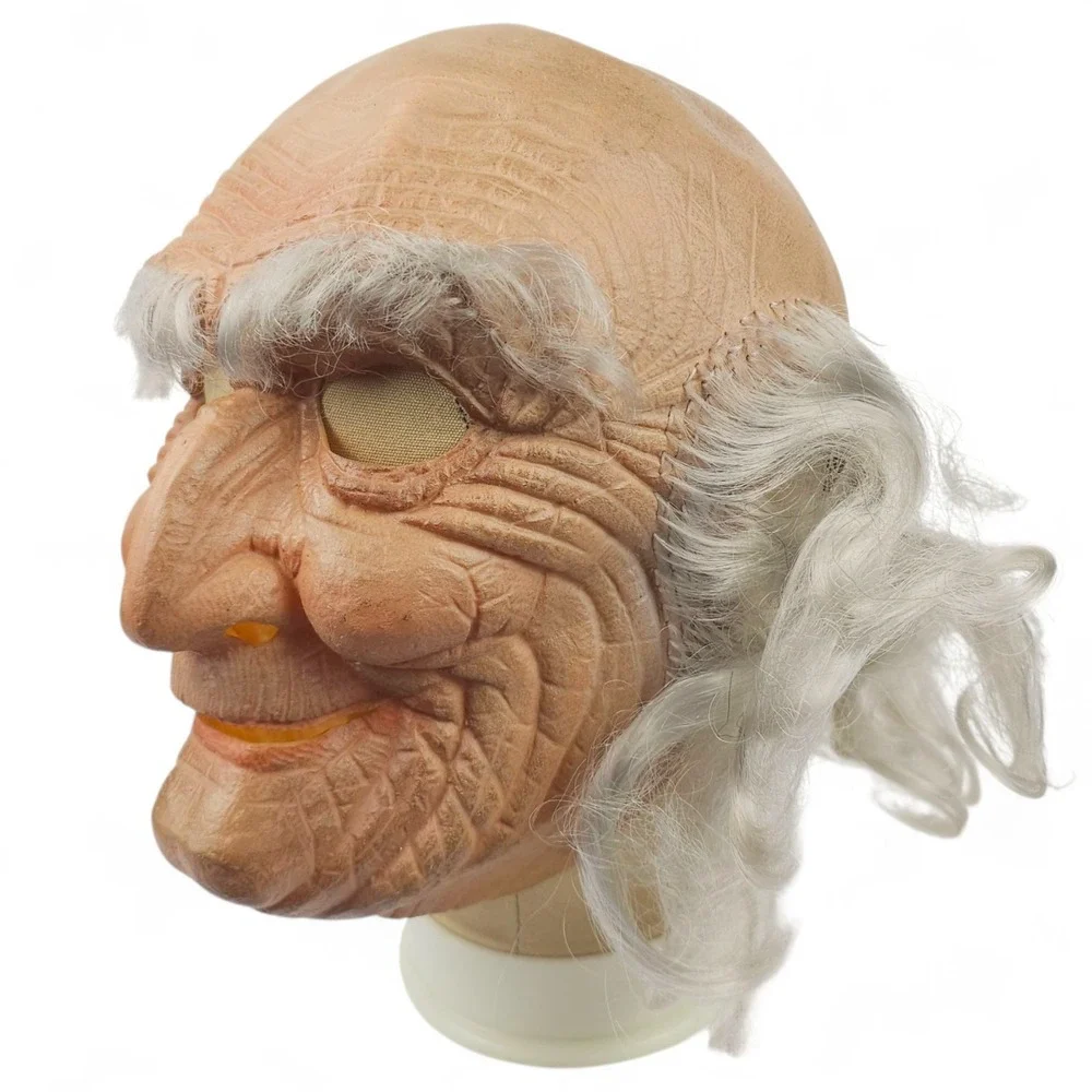 Vintage Old Man Latex Mask Grandfather Grey Hair Mesh Eyes Halloween Costume VTG